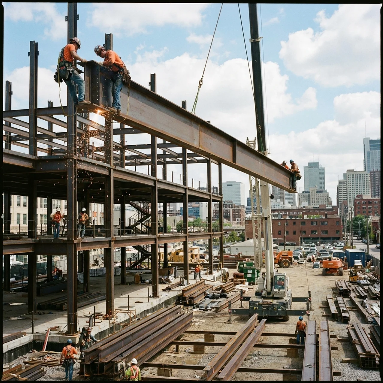 Construction workers installing structural steelwork on a commercial building site
